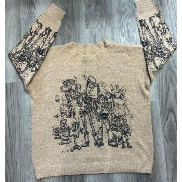 Disney Sweaters - Disney‎ Toy Story Sketch Graphic Fuzzy Eyelash Knit Sweater Tan Beige 2XL